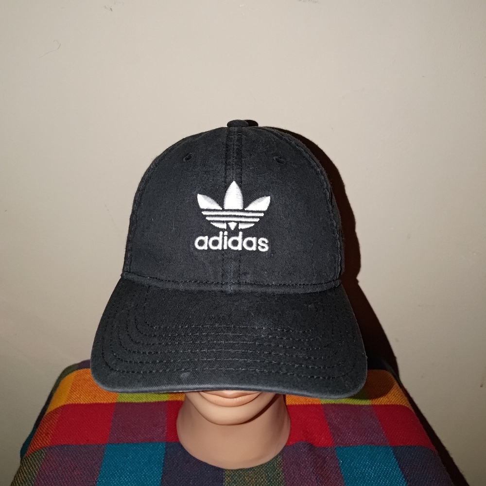adidas Trefoil Embroidered Logo Strapback Hat Cap Black White